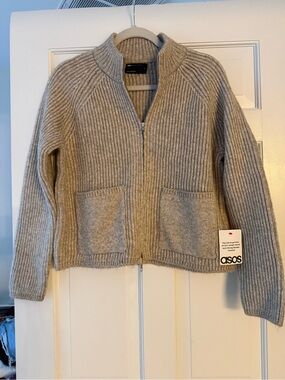 ASOS Heather Tan Ribbed Zip-Up Pocket Cardigan